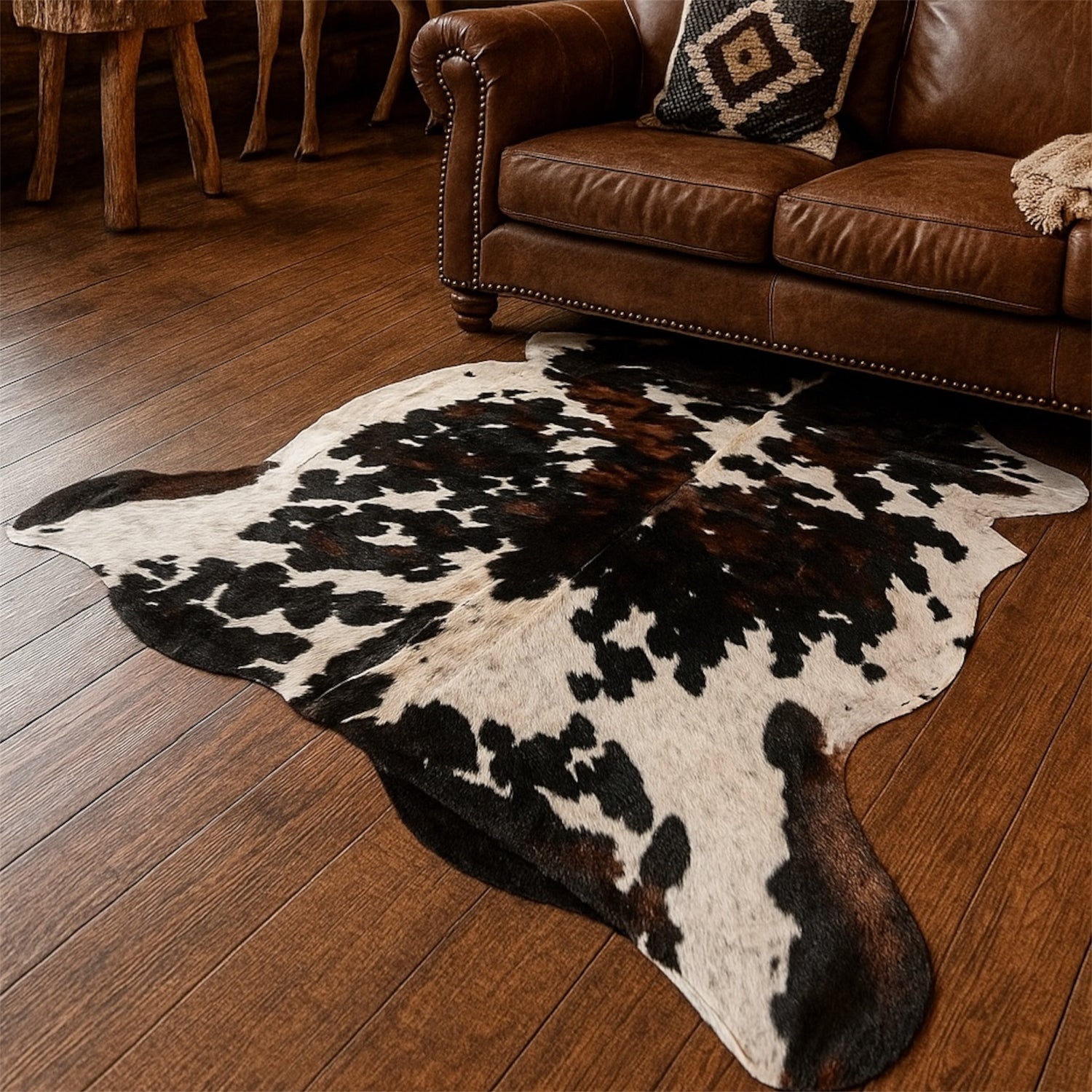 Luxury natural cowhide rug made from genuine cow skin, featuring unique natural patterns, soft hair texture and artisan tanning. Perfect for rustic, modern or bohemian interiors, each cowhide is one-of-a-kind, eco-friendly and durable, adding warmth, auth